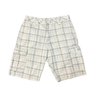 Wrangler Men's Plaid Cargo Shorts Size 32 Regular White Gray Flat Front‎